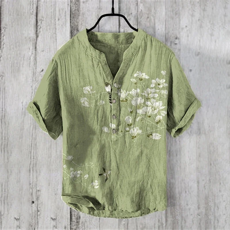 2025 Elegant Comfortable Fashion Shirt Men's Summer New Short Sleeve 3D Printed V-Neck Three-Button Holiday Shirt S-5XL - Image 4